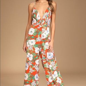 Lulus Gone Tropical Red Floral Print Twist-Front Wide-Leg Jumpsuit Medium